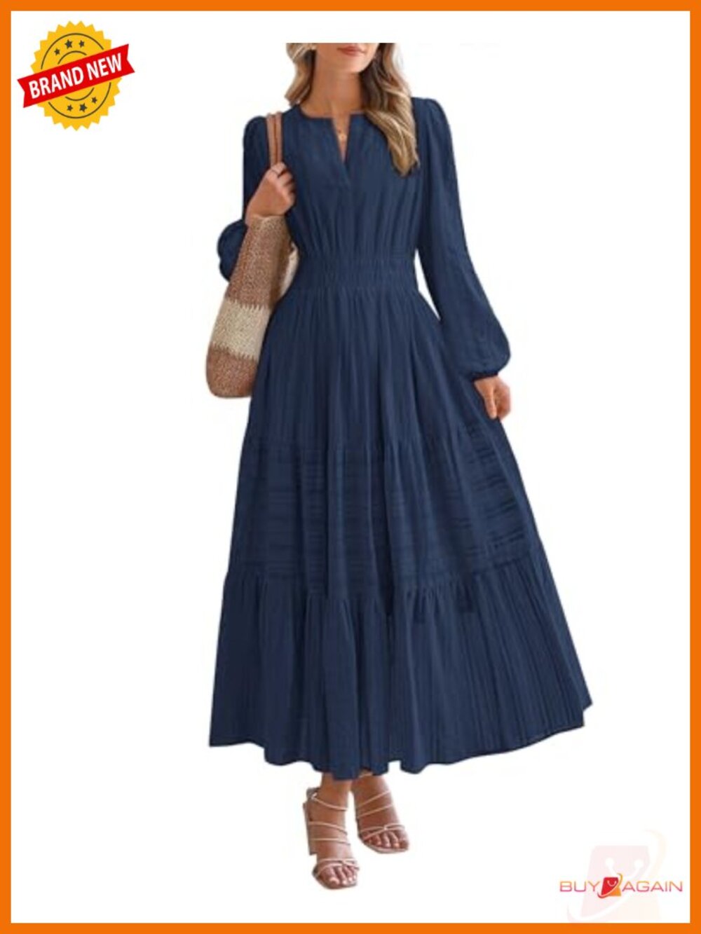 Womens Long Sleeve V Neck Tiered Maxi Dress with Pockets